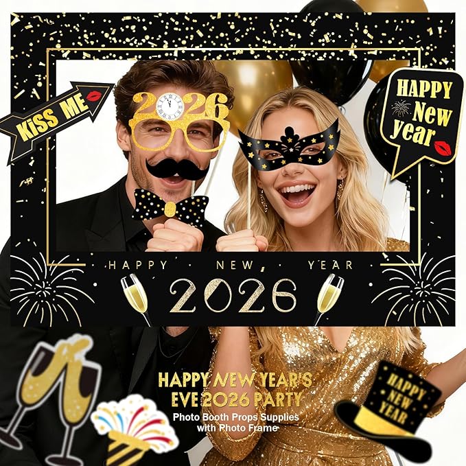 New Years Eve Party Supplies 2026, NYE Decorations Photo Booth Props Kit with Glitter Frame, Black Gold Funny Glasses & Mustache for Selfie (Pack of 17)