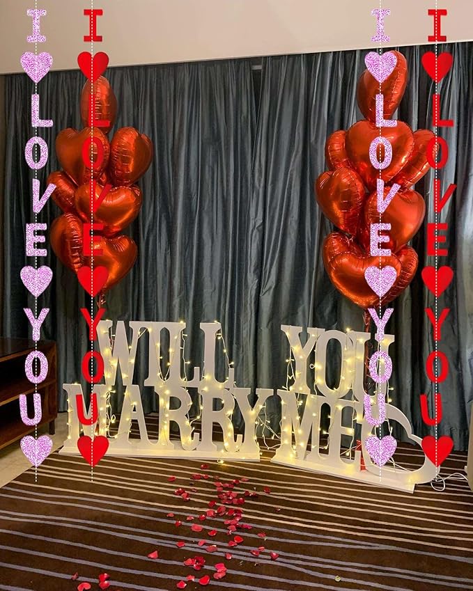 Glitter Red Pink Valentine Banner, 8 Strings Red I Love You Shiny Heart Banners Sign for Celebrate Valentine Party Wedding Ceremonies Holiday Party Decorations