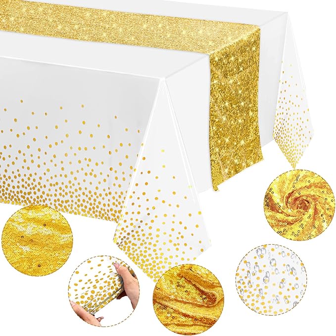 Irenare Tablecloth and Sequin Table Runner Set Polka Dots Confetti Table Cover Dining Plastic Tablecloths Glitter Decorations for Birthday Wedding Anniversary Party Supplies(White, Gold,2 Pcs)