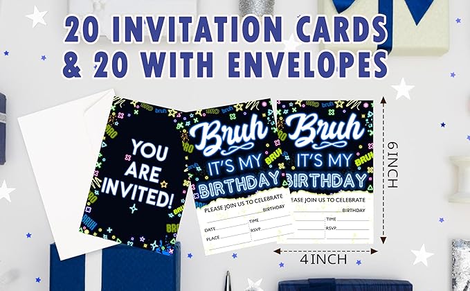 CLIRBE Bruh Birthday Party Invitations, Glow Neon Invited Birthday Invitations For Brother Bro Teen Boys, 20 Invites Cards With 20 Envelopes, Party Supplies Favors -H05