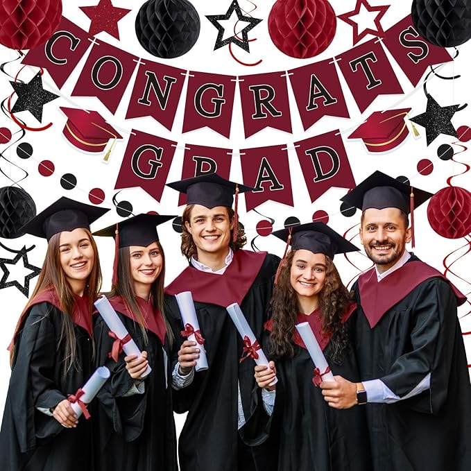 Congrats Grad Banner 2026 Graduation Decoration with Hanging Swirl Honeycomb Ball Circle Garland Grad Party Supplies for College Senior High School Classroom Decor(Burgundy and Black)