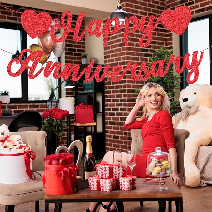 Red Glitter Happy Anniversary Banner - Pre-Strung Cardboard Letter Sign with Heart Garland for Couples Wedding Anniversary Love Party Supplies, and Romantic Special Night Bedroom Decorations