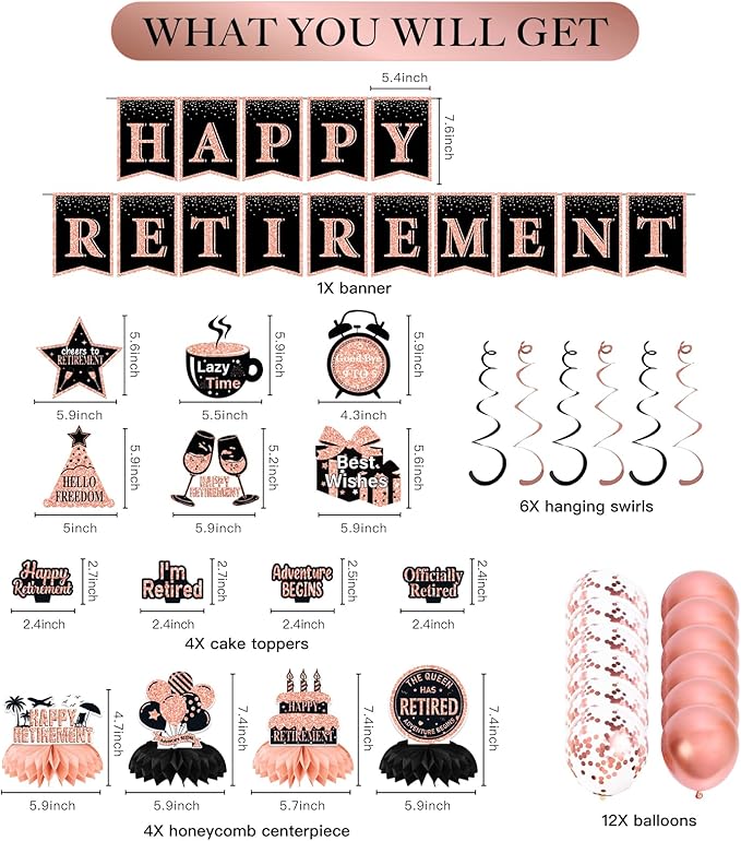Retirement Party Decorations for Women, Rose Gold Happy Retirement Banner Backdrop Hanging Swirls Party Supplies, Retired Sash Balloons Honeycomb Centerpieces Cupcake Toppers Decor