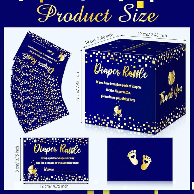 Funrous 51 Diaper Raffle Tickets with Box for Baby Shower Game Invitations Diaper Raffle Card for Gender Reveal Baby Shower Party Decoration Table Centerpiece(Navy, Gold)