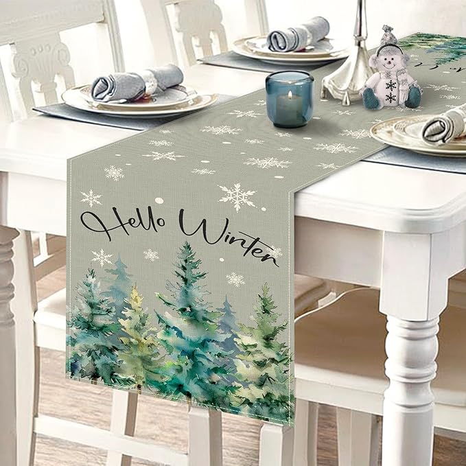 Hello Winter Pine Tree Grey Dining Table Runner, Watercolor Snowflake Burlap Kitchen Decoration, Farmhouse Christmas Indoor Outdoor Home Decor Party Supply 13 x 72 Inches