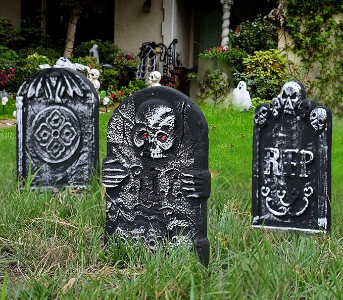 3 Pcs Halloween Tombstones Decoration with Green Remote Lights, Blue Lights, Plastic RIP Grave Yard Signs Outdoor Garden Party Decor