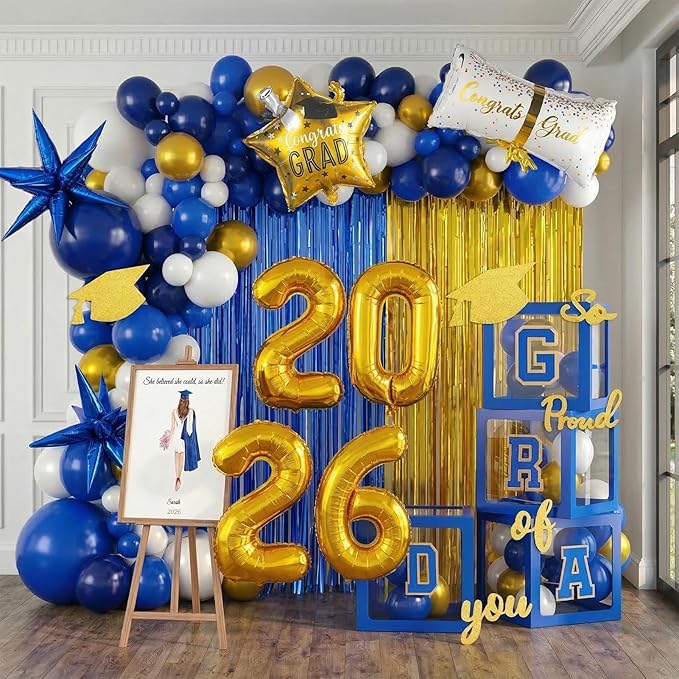 Blue and gold Graduation Decorations 2026 Set of 4 GRAD Balloon Boxes with Balloon Arch Garland Kit mylar balloons and shimmer Fringe Curtains So Proud of You 2026 prom Graduation Decorations