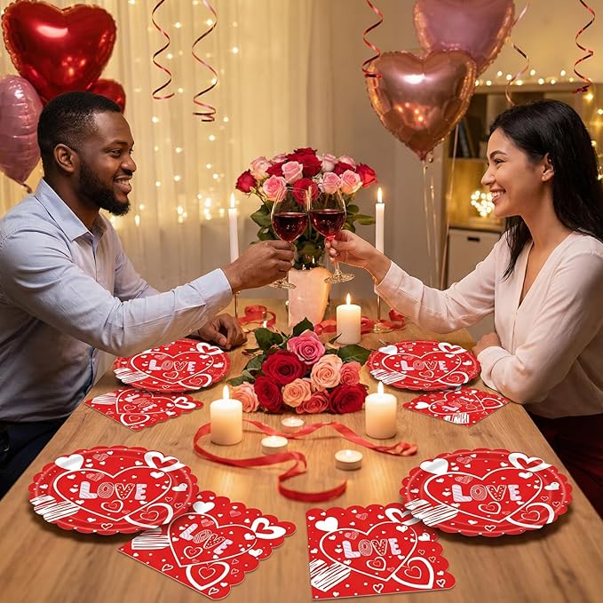 Valentines Day Plates and Napkins Set - 40 Pcs Disposable Red Heart Party Supplies for 20 Guests, Includes 20 Dinner Plates (9 Inch) & 20 Valentine Napkins for Galentines Party Decorations