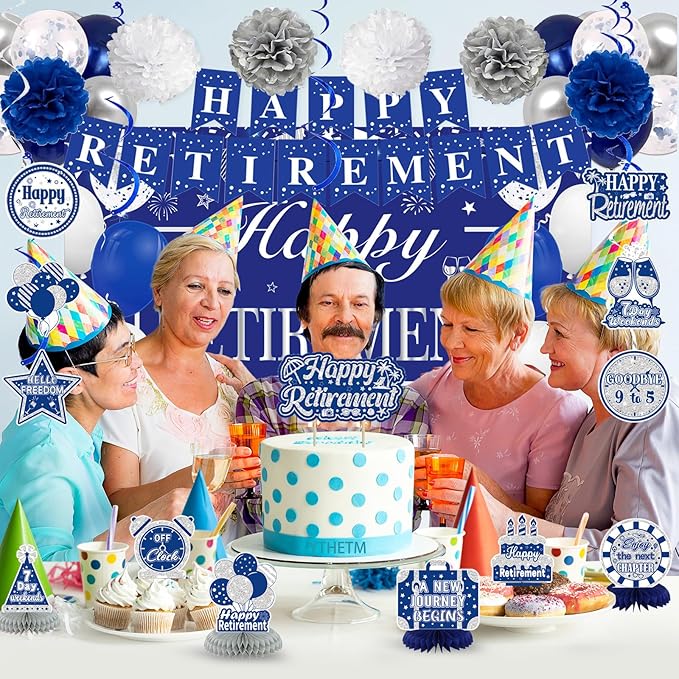 Retirement Party Decorations for Men Women Blue Silver Happy Retirement Banner Backdrop Balloons Paper Pompoms Honeycomb Centerpiece Cake Topper Hanging Swirl Set
