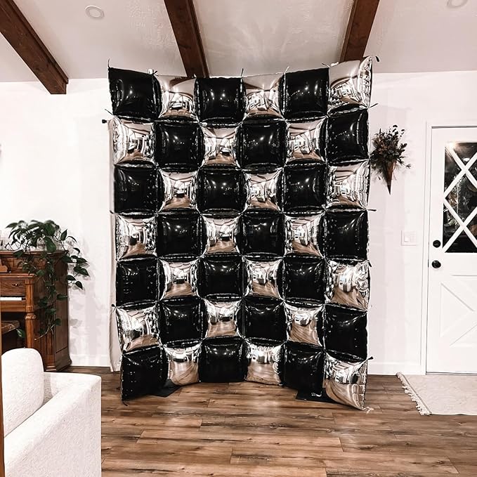 Black and Silver Double Sided Square Foil Balloons Wall,19 Inches Chrome Silver Metallic Foil Balloons Tunnel Arch Kit for 2026 Graduation Decorations,Anniversary Birthday Party Background Decoration
