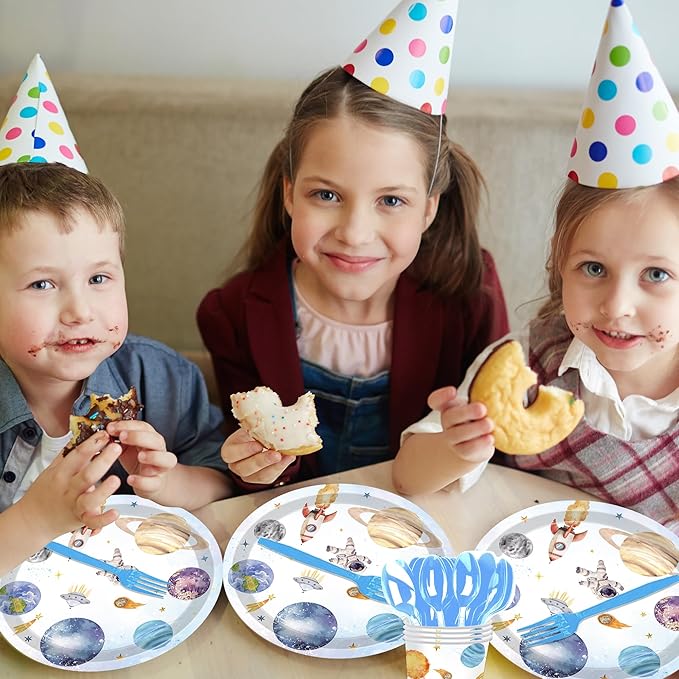 142PCS Space Themed Paper Plates Party Supplies Decorations, Birthday Paper Plates First Trip Around The Sun Astronaut Planet Cake Plate Tableware Dinner Set for Boys Girls Birthday Shower Forks