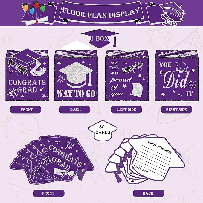 AYGXU graduation card box 2026 with 30pcs graduations cards,Graduations party Decorations,graduation box for gifts and Cards,graduations money box,Graduation Party Supplies-purple box