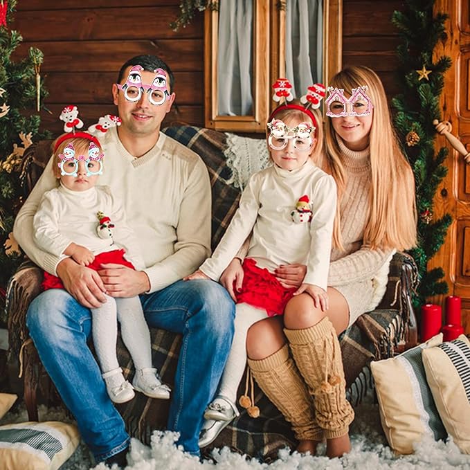 12PCS Christmas Glasses, Pink Christmas Party Paper Glasses Photo Booth Props Holiday Eyeglasses Frames for Xmas Party Supplies Decorations