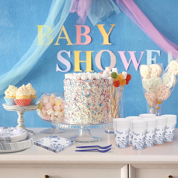 Kochorie 144 Pieces Blue and White Flower Print Party Tableware Sets Including Disposable Plates Napkins Cups Forks Serves 24 for Wedding Birthday Baby Shower Party Supplies