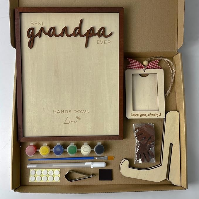 10" Hands Down Best Grandpa Ever DIY Handprint Kids Frame with Paints, Car Picture Holder, Photo Ornament, Fridge Magnet, Art Craft Family Keepsake Birthday Gift Father's Day for Pops, Papa HF610
