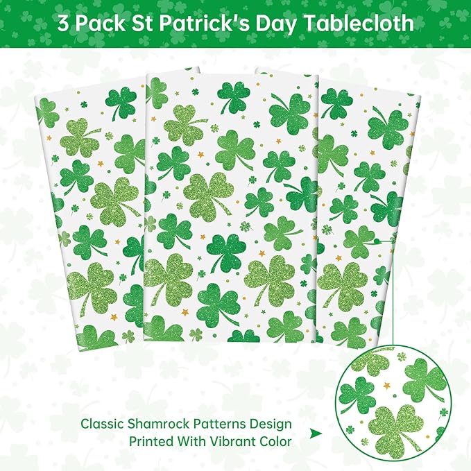 3 Pack St Patricks Day Tablecloth - Lucky Green Shamrock St Patrick's Tablecloths Set, Disposable Plastic St Patrick Table Cloth Cover for Happy St. Patrick's Day Dinner Table Decor Party Supplies
