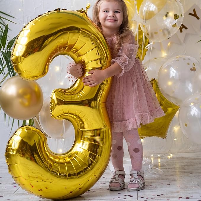 Gold Number 3 Balloon, 40 Inch Large Number Foil Mylar Balloons for 3rd Girl Boy Birthday Party Celebration Decorations Supplies, Digital Balloons for Wedding Anniversary Events Decor