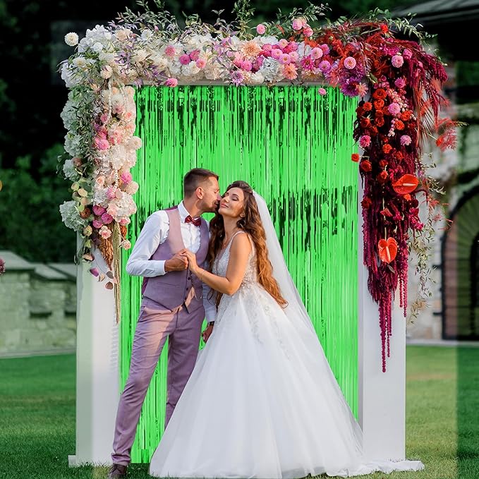 2 Pack 3ft x 8ft Foil Fringe Backdrop Curtain, Metallic Tinsel Foil Fringe Curtains, Party Streamers Backdrop, Baby Shower Birthday Holiday Celebration,Party Decorations (Green)