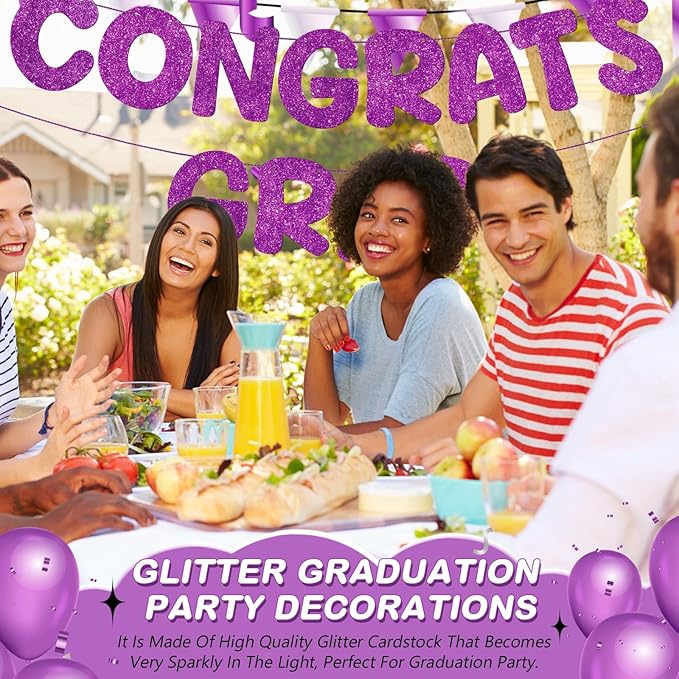 Fulmoon Pre Strung Congrats Grad Banner Glitter Congratulations Banner College Graduation Sign Class of 2026 Grad Party Decorations for High School University Graduation Party Favor(Purple)