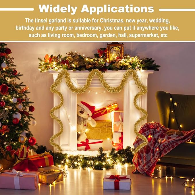 25 Feet Christmas Tinsel Garland, Metallic Twist Garland Wall Hanging Tinsel Garland Backdrop for Parade Floats, Carnival, Birthday, Wedding, New Year Party Decorations (Champagne Gold, 4in x 25ft)
