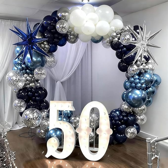 Blue White Silver Balloons Garland Arch Kit, 105Pcs Navy Metallic Blue Silver White Confetti Balloon with Explosion Star Foil Balloon for Birthday Graduation Wedding Fathers Day Retirement Party Decor