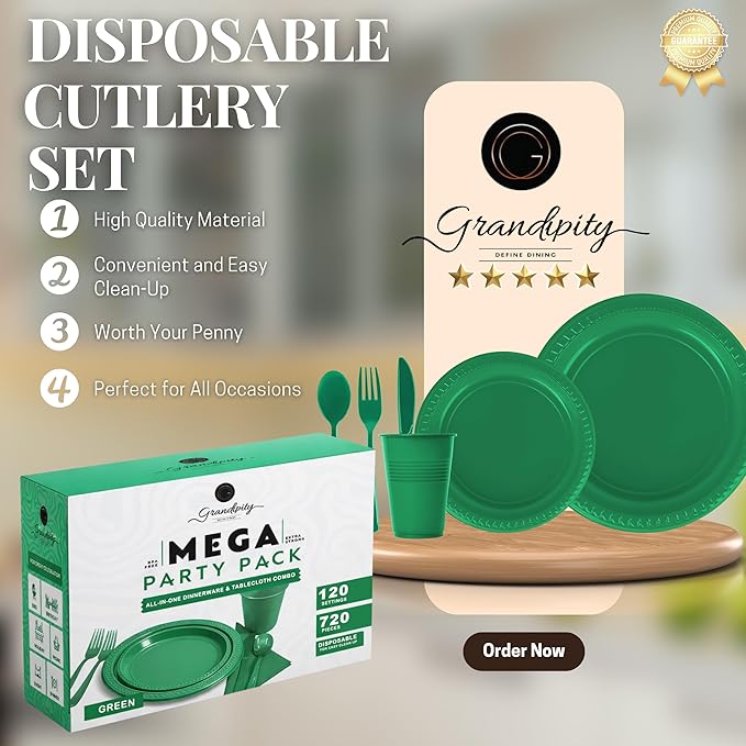 Grandipity 720 Piece Green Disposable Dinnerware Set, Plastic Dinnerware Set Includes 120 Count 9' Dinner Plates, 7' Dessert Plates, 12oz Cups, Forks, Knives & Spoons