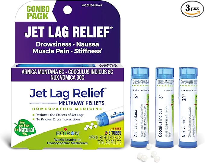 Boiron Jet Lag Relief Kit - Travel Essential for Relief from Nausea, Stiffness, Muscle Pain, and Drowsiness from Long Flights - 3 Count (240 Pellets)