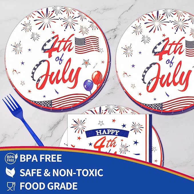 75PCS 4th of July Paper Plates and Napkins - Patriotic Themed Tableware Set Include 7in Paper Plates Napkins Forks Disposable Decoration Supplies for Independence Day Patriotic Party, Serve 25