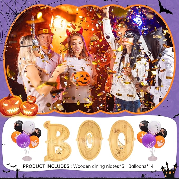 3PCS Wooden Halloween Charcuterie Board Set - Boo Letters (with 14 Balloons) - Halloween Party Table Decoration & Food Tray Platter