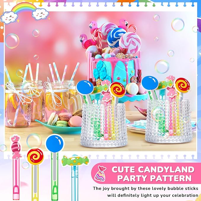 Leyndo 24 Pcs Candy Bubbles Wands Bulk Candy Themed Party Favors Mini Wands Lollipop Bubbles for Candy Party Favor Game Toys for Gift Bag Stuffers