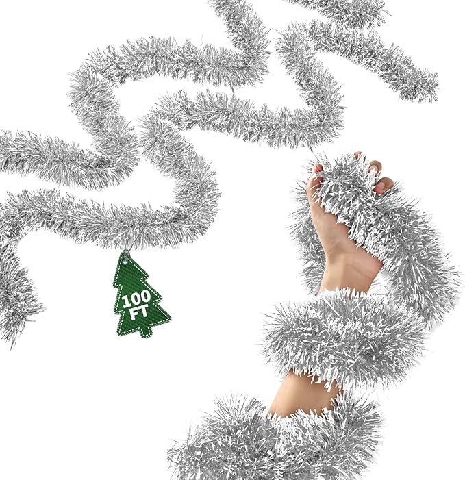 100Ft Christmas Garland - Xmas Tree Decorations, Christmas Tinsel Decorations for Indoor&Outdoor Home Decor, Christmas Metallic Twist Garland Ceiling Hanging Decorations for New Year(Silvery)