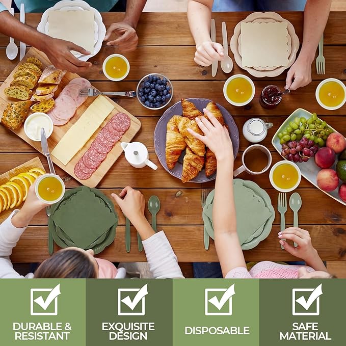 Qinyoung 388 Pcs Sage Green and Beige Plates and Napkins Party Supplies Tableware Include Disposable Scalloped Plate Paper Napkin Cup Plastic Cutlery for Baby Shower Party Wedding Birthday, 48 Sets