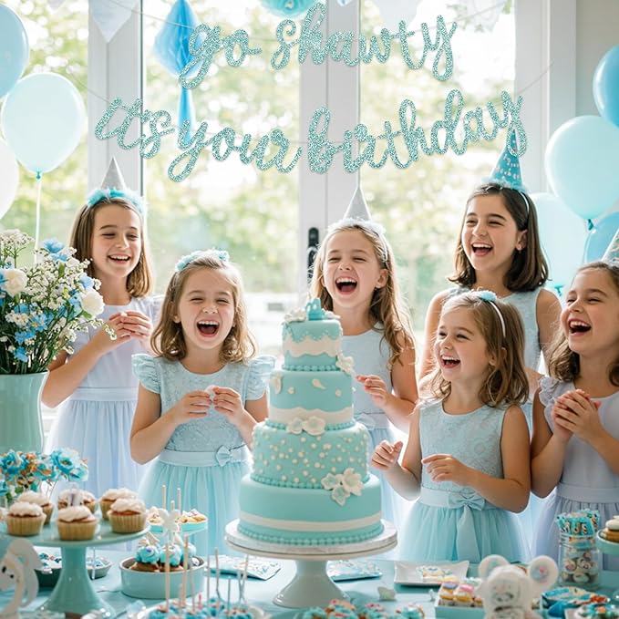 BEISHIDA Go Shawty It's Your Birthday Banner NO DIY Hip Hop Theme Happy Birthday Banner Pre-Strung Rap Theme Happy Birthday Sign for Man Women birthday Party Supply Glitter Light Blue