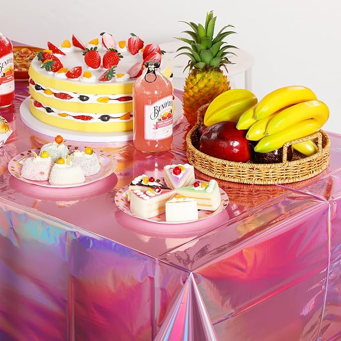 8 Pack Iridescent Pink Plastic Tablecloths, FunnyPars Shiny Disposable Laser Rectangle Table Covers, Holographic Foil Tablecloth Iridescent Party Decorations for Kpop Birthday Wedding Xmas, 54x108Inch