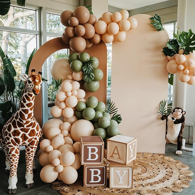 Green and Brown Balloon Arch Garland Kit, Sage Green Deer Print Gold Confetti Balloons Garland Kit with Deer Animal Balloons for Woodland Baby Shower Safari Theme Birthday Party Decorations