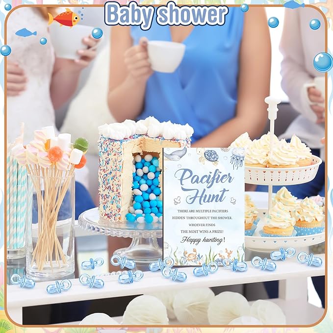 Thyle 51 Pcs Under The Sea Pacifier Hunt Baby Shower Games Include Hunt Sign and 50 Acrylic Pacifiers for Ocean Animal Baby Shower Game Decoration Sets Gender Reveal Newborn Announcement Party Decor