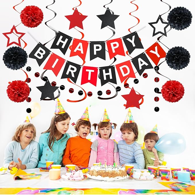 Red and Black Birthday Decorations, Black Happy Birthday Banner, Red Happy Birthday Decorations for Men Women and Girls Birthday Party Decorations