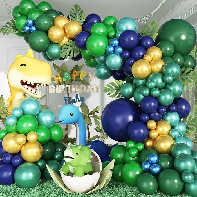 134Pcs Blue and Green Balloon Garland Kit, Navy Blue Dark Green Gold Balloon Arch Kit with Metallic Chrome Balloons, Dinosaur Helium Latex Balloons for Dino Jungle Safari Birthday Party Decorations