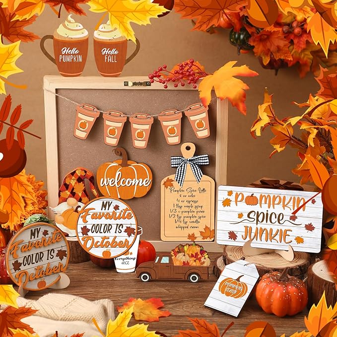 15 Pcs Thanksgiving Tiered Tray Decor Set Fall Thanksgiving Pumpkin Table Decor Drinking Coffee Rustic Farmhouse Pumpkin Truck Spice Blocks Autumn Wooden Sign Home Decorations