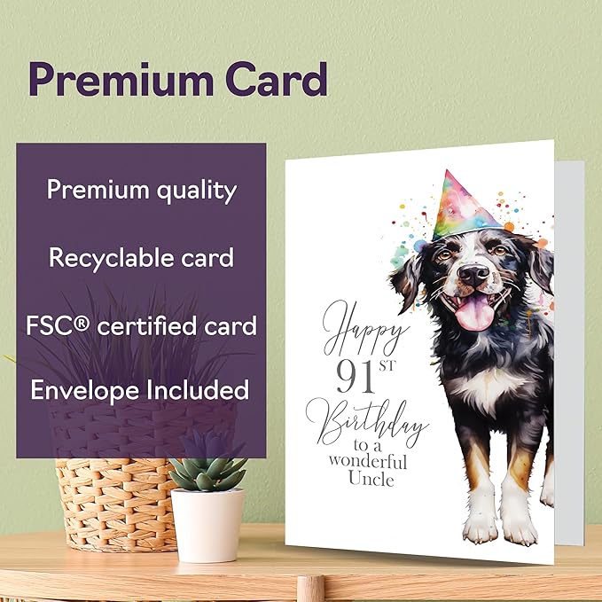 91st Birthday Cards for Uncle - Party Dog - Happy Birthday Card for 91 Year Old Uncle from Niece Nephew, 5x7 Inch Bday Man Men Him Greeting Cards Gift for Uncle Birthday Gifts