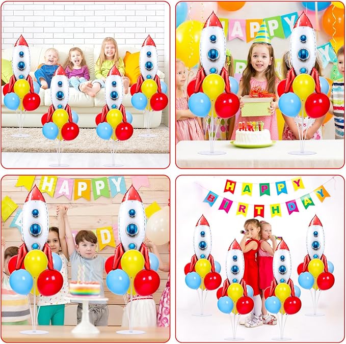 4 Sets Toy Inspired Themed Party Balloons Stand Kit With 4 Rocket Foil Balloons Toy Themed Red Blue Yellow Balloon Centerpiece for Tables for Boys Birthday Baby Shower Cartoon Party Decorations