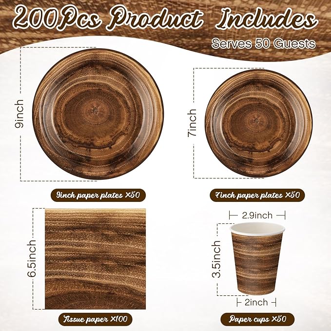 250 Pieces Rustic Wood Grain Party Tableware Set - Disposable Paper Plates, Cups & Napkins for 50 Guests - Lumberjack, Farmhouse, Camping, Forest Theme Birthday Decorations(Brown)