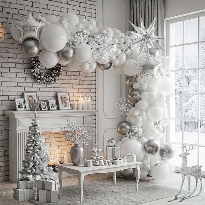 White Winter Wonderland decorations with Pearl White Silver Balloon Garland Arch & Foil Star printed balloons Artificial Snowflakes For winter 1st birthday Christmas new year party decorations