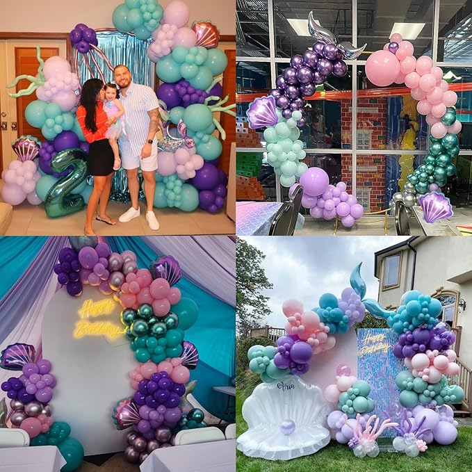 8th Mermaid Birthday Decoration,Metallic Purple Pink Green Blue Latex Balloons for Girls Party Decoration Number 8 Seashell Foil Balloons Banner Cake Topper Sea Decoration