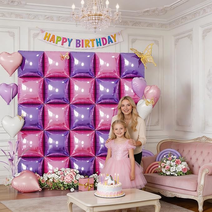 Pink and Purple Square Foil Balloons Wall, 25PCS Double Sided Pastel Pink Metallic Purple Balloons Backdrop Tunnel Flat Background Decorations for Girls Women Butterfly Theme Birthdays Baby Shower