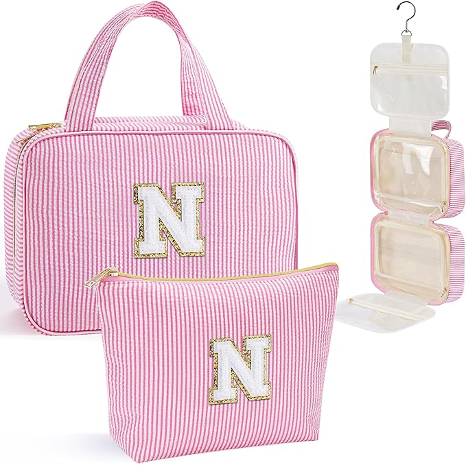YOOLIFE Hanging Toiletry Bag for Women - Large Travel Toiletry Bag Makeup Bag, Portable Toiletries Cosmetic Bag, Airplane Travel Essentials - Letter N, Pink