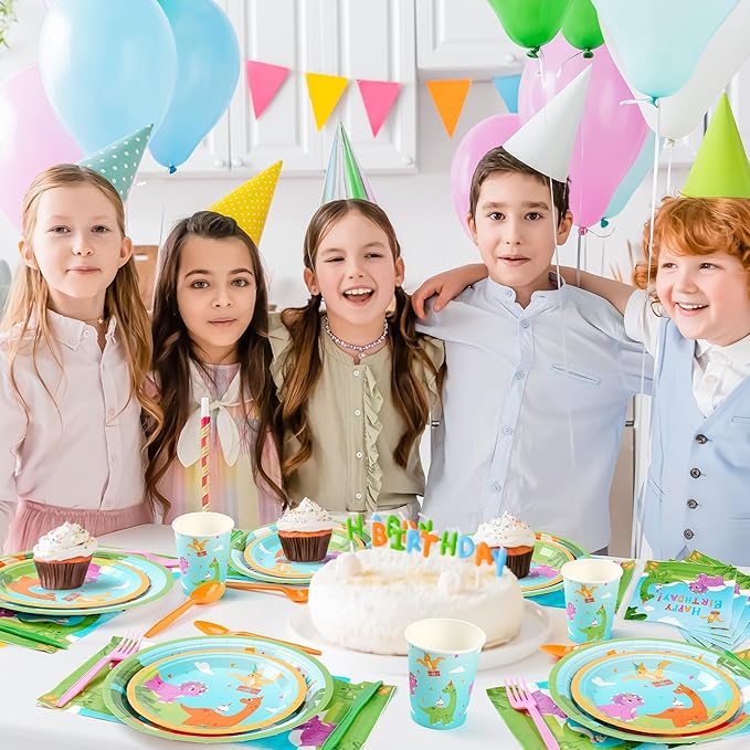 168PCS Dinosaurs Birthday Party Supplies for 24 Guests, Dinosaurs Themed Paper Plates Napkins Cups Cutlery, Dinosaur Disposable Tableware Set for Birthday Baby Shower Party Decorations