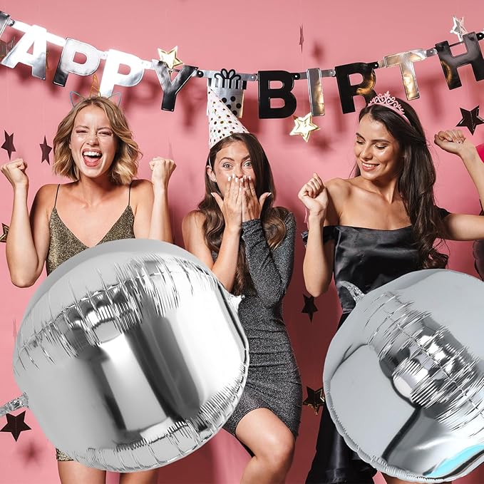 3 Pcs 32 Inch Metallic Silver Foil Giant Balloons 4d Jumbo Round Ball Large Holographic Balloons for Birthday Wedding Bridal Shower Anniversary Party Backdrop Decorations