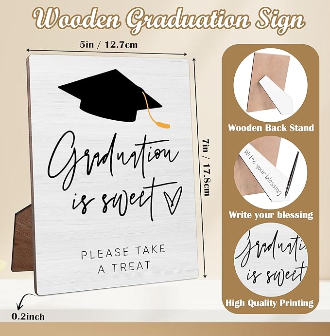 Graduation Dessert Table Sign, Graduation Is Sweet Please Take A Treat, Rustic Grad Party Decorations Desk Decor, 5 X 7" Wood Table Graduation Sign with Stand for Graduation Party Supplies, 02