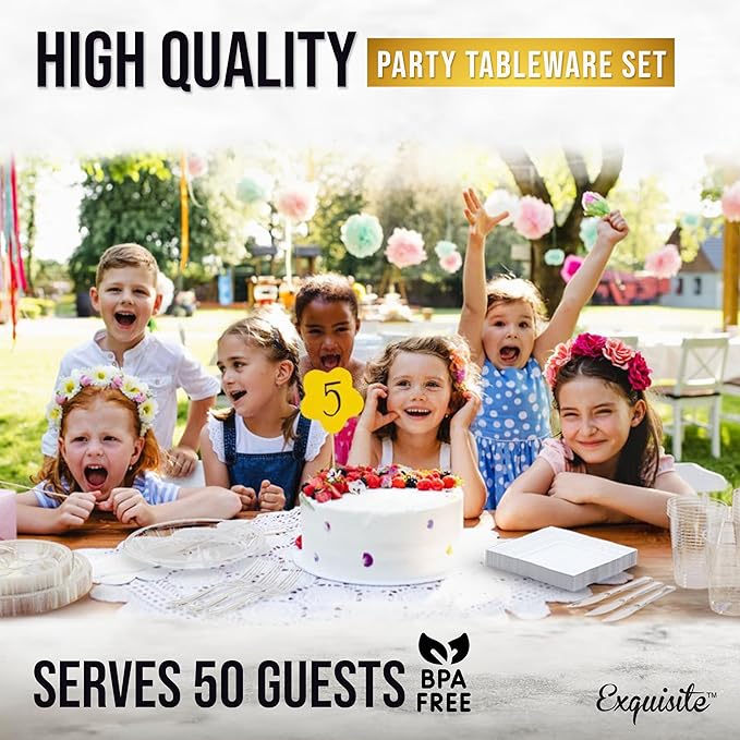 350 Pcs Clear Plastic Plates For Party, Clear Disposable Plates Set, 50 Of Each 9" Dinner Plate Set, 7" Dessert Plate, Cups, Napkins & Cutlery Plastic Dinnerware Set Exquisite